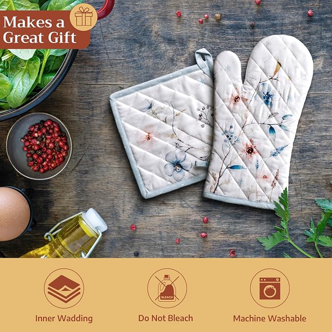 Maison d' Hermine 100% Cotton Oven Mitt & Pot Holder Set (7.5"x13" & 8"x8") | Heat Resistant BBQ Cooking Gloves with Loop Baking Grilling Kitchen Hotel Home Farmhouse Thanksgiving Christmas - Ice Florals