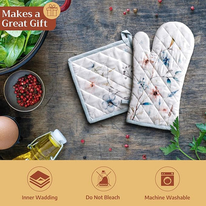 Maison d' Hermine 100% Cotton Oven Mitt & Pot Holder Set (7.5"x13" & 8"x8") | Heat Resistant BBQ Cooking Gloves with Loop Baking Grilling Kitchen Hotel Home Farmhouse Thanksgiving Christmas - Ice Florals