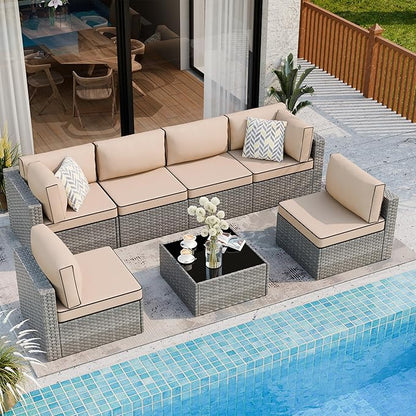 7 Piece Outdoor Patio Furniture Set,Silver PE Rattan Wicker Sectional Sofa, All Weather Conversation Set with Washable Cushions & Glass Coffee Table for Backyard Poolside Garden Porch,Khaki