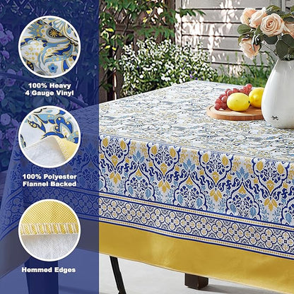 Home Bargains Plus Rectangle Vinyl Tablecloth with Flannel Backing, 60 x 102 Inch, Alluring French Country, Yellow and Blue Floral Vinyl Table Cover, Heavy Weight for Dining Party and Barbecues