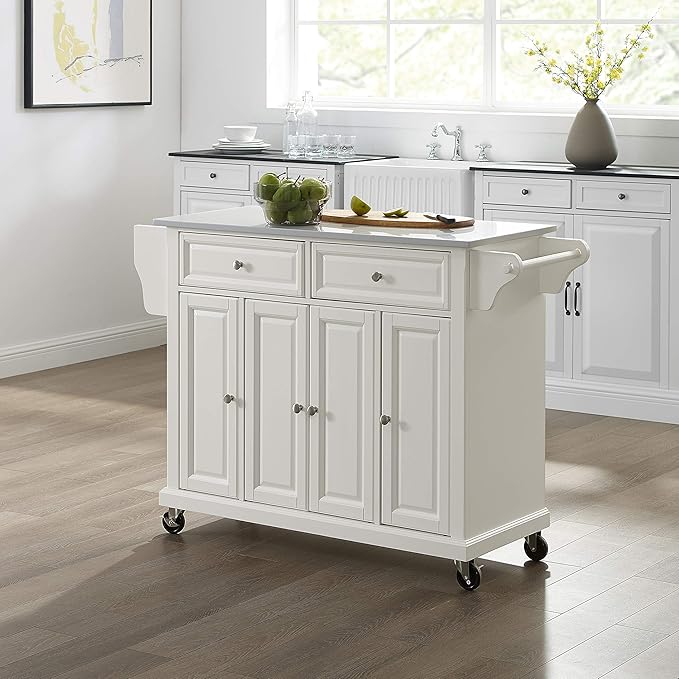 Crosley Furniture Full Size Stone Top Rolling Kitchen Island Storage Cart, Microwave Stand, Spice Rack, White