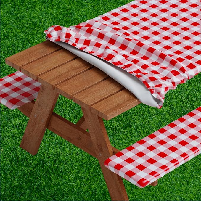Picnic Table Cover with Bench Covers -Fitted with Elastic, Vinyl with Flannel Back, Fits for Table 30"x 96" Rectangle,Water Proof, Checked Red Design
