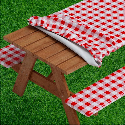Picnic Table Cover with Bench Covers -Fitted with Elastic, Vinyl with Flannel Back, Fits for Table 30"x 60" Rectangle,Water Proof, Checked Red Design