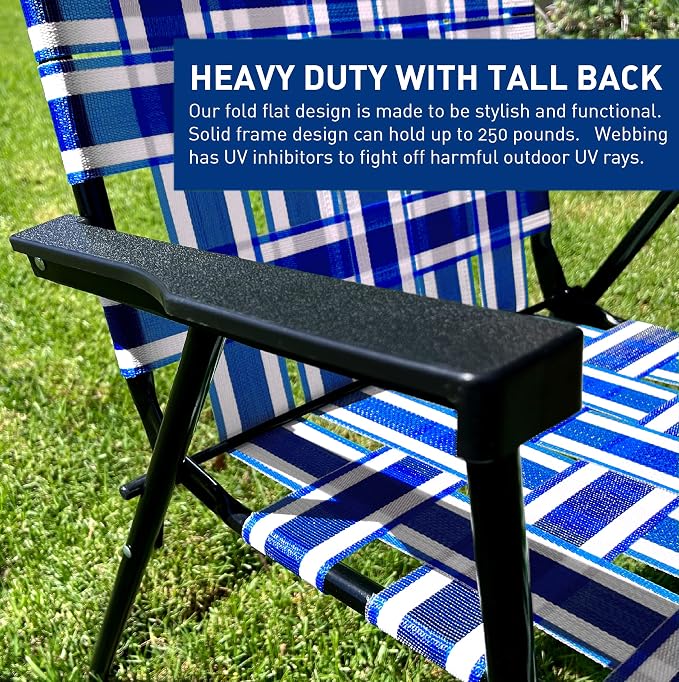 Lawn Chair Folding Steel Webbing Chaise Patio Lounger Seat Wood Handles Great for Camping, Beach, Fishing, Backyard, Stadium, Pool, Boating, and Sports 2 Pack Blue