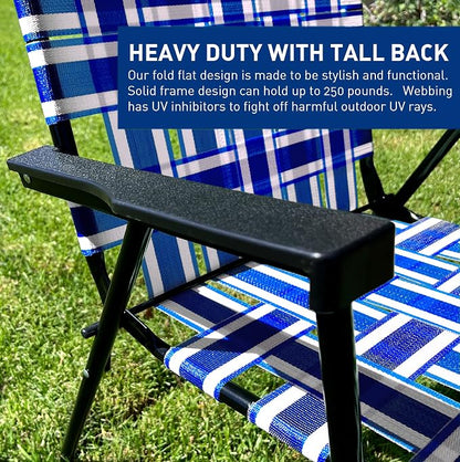 Lawn Chair Folding Steel Webbing Chaise Patio Lounger Seat Wood Handles Great for Camping, Beach, Fishing, Backyard, Stadium, Pool, Boating, and Sports 2 Pack Blue
