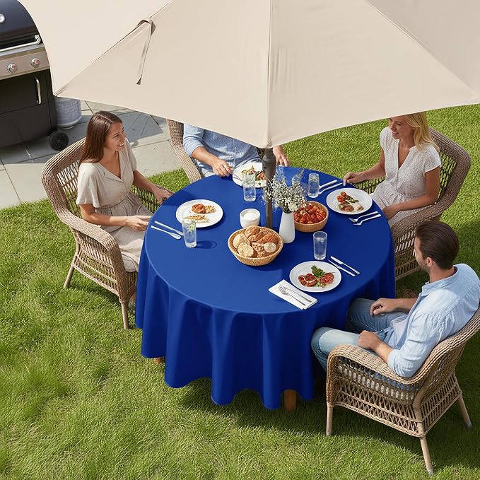 LUSHVIDA Round Outdoor Tablecloth with Umbrella Hole 70 Inch Blue | Washable Waterproof Zipper Table Cloth Cover Spill Proof Wrinkle Free for Patio Spring Summer Picnic BBQS