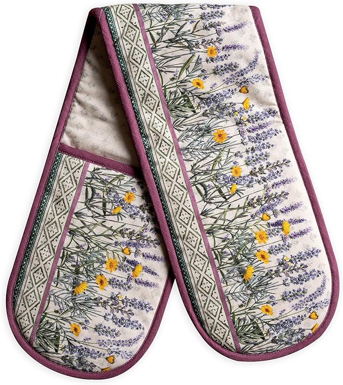 Maison d' Hermine Double Oven Mitts 100% Cotton 7"x35" Double Oven Mitt Heat Resistant BBQ Cooking Gloves with Loop Baking Grilling Kitchen Hotel Home Farmhouse Spring Summer (Fanny Lavender)