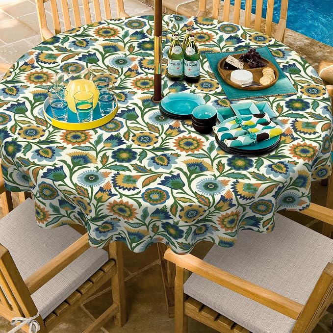 Outdoor/Indoor Round Tablecloth with Umbrella Hole Zipper, Decorative Circular Table Cover for Home Garden, 60 Inch, Fiesta Floral
