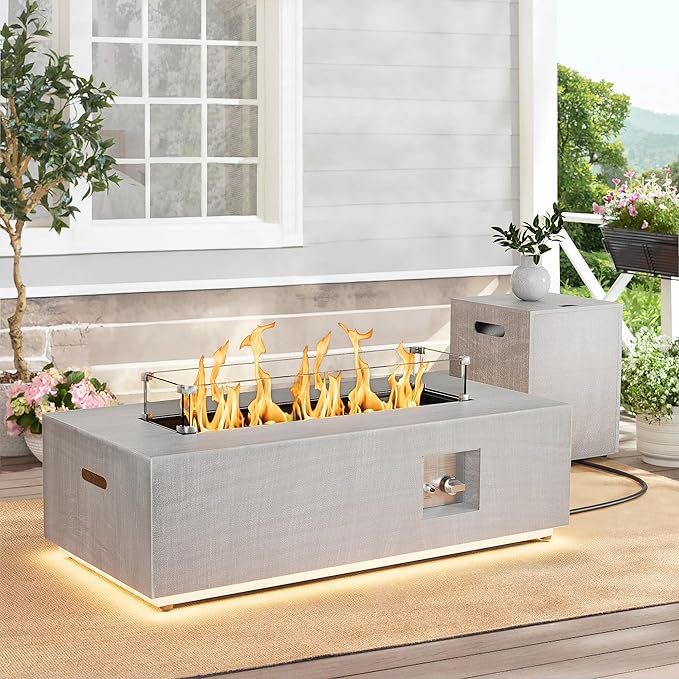 SUNPEAK 42" Propane Fire Pit Table with LED Light 50,000 BTU Outdoor Fireplace Table Includes Wind Guard, Lid, Rocks & Cover - Gas Firepit Table, Chimenea para Patio (Light Grey/Golden Light, 42" LED)
