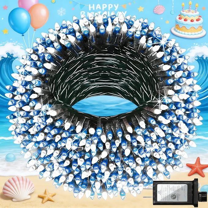 Christmas String Lights Outdoor Green Wire 240FT 750 LED Blue & White | Dimmable, 12 Light Styles, Memory Timer, Waterproof, 29V Safe Low Voltage, Diamond-Faceted LED, Energy Efficiency