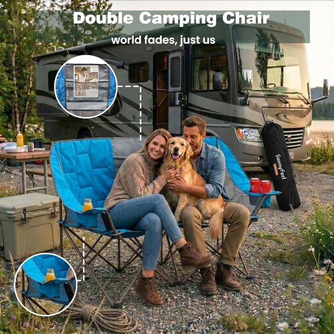 SUNNYFEEL Folding Double Camping Chair Oversized Loveseat for Adults | 600LBS Heavy Duty Padded Camping Couch with Cup Holder, Storage Pockets & Carry Bag for Patio RV/ Lawn/ Backyard