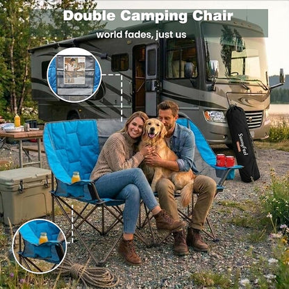 SUNNYFEEL Folding Double Camping Chair Oversized Loveseat for Adults | 600LBS Heavy Duty Padded Camping Couch with Cup Holder, Storage Pockets & Carry Bag for Patio RV/ Lawn/ Backyard