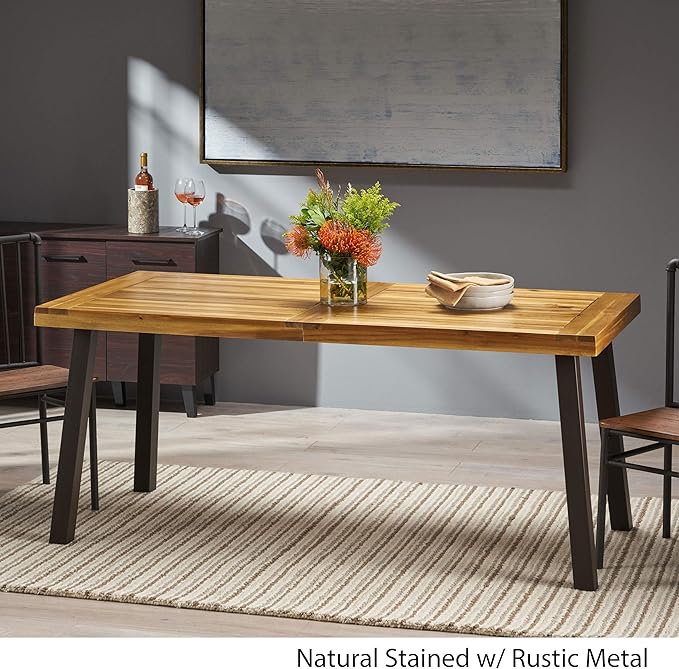 Christopher Knight Home Della Acacia Wood Dining Table, Natural Stained with Rustic Metal, 32.25 in x 69 in x 29.5 in, Brown, Grey
