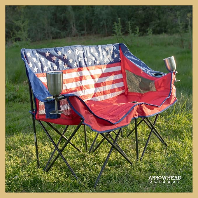 ARROWHEAD OUTDOOR 2-Pack Portable Folding Camp Loveseat Chair w/Glass & Cup Holders, Heavy Duty Carry Bag, 650 lbs Weight Capacity | Glass & Cup Holders, Heavy Duty Carry Bag, 650 lbs Weight Capacity, Beach, Tailgating, Fishing, Patio, Hunting, Backyar...