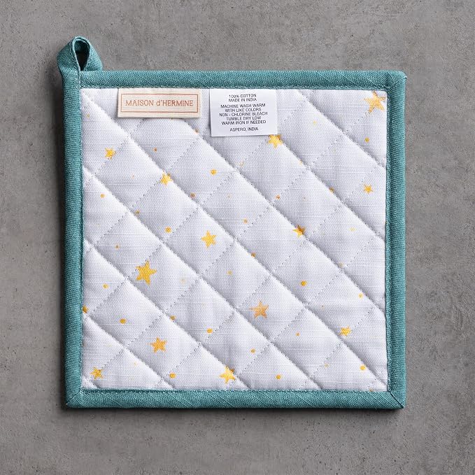 Maison d' Hermine Pot Holders 100% Cotton Potholders (8" x 8", Pack of 1) | Heat Resistant Hot Pads with Loop BBQ Cooking Baking Hotel Kitchen Handling Hot Pans Thanksgiving Christmas - Neige de Noel