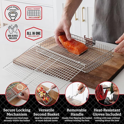 AVIEUS GRILL Grill Baskets for Outdoor Grill | 2 Grilling Baskets with Detachable Handle | Barbecue Grill Set with BBQ Gloves | Portable Camping Net Rack Perfect for Vegetables, Seafood & Meat
