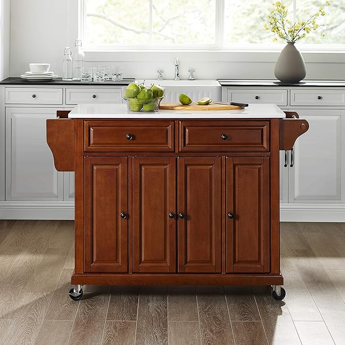 Crosley Furniture Full Size Stone Top Rolling Kitchen Island Storage Cart, Microwave Stand, Spice Rack, Cherry