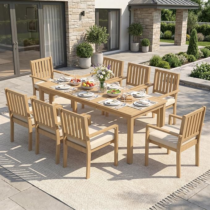 Wisteria Lane 9 Pieces Acacia Outdoor Patio Table and Chairs Set for 8, Patio Outdoor Dining Table Set with Cushion, Modern Outdoor Patio Set for Deck Lawn Backyard Garden, Brown