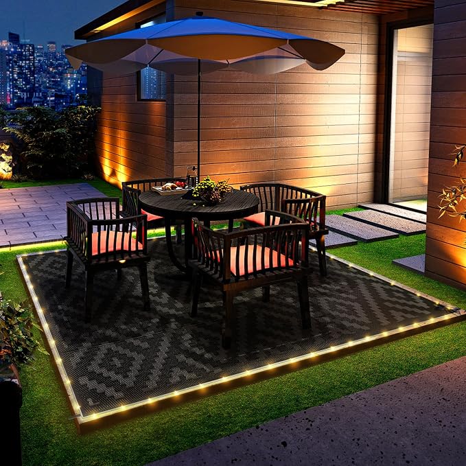 GENIMO Outdoor Rug, Waterproof Plastic Rugs for Patio, 9'x12' LED Dark Grey | Outside Larger Modern Carpet Mat for Porch Decor, Deck, Balcony, Camping, RV, Backyard, Picnic, Beach, Reversible, Foldable