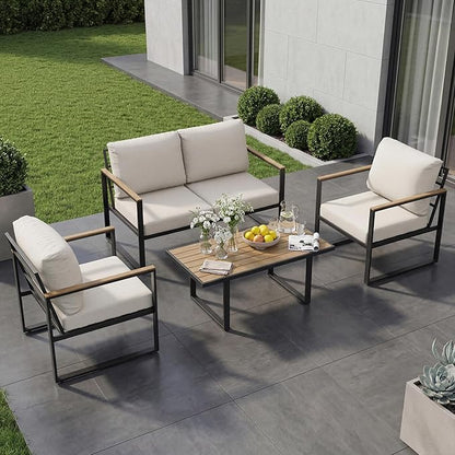 GarveeLife 4 Piece Outdoor Patio Furniture Set with Wood Coffee Table, Iron Frame Conversation Set, Beige Cushioned Chairs and Sofa for Patio, Garden, Backyard