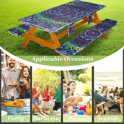 Wrakus Picnic Table Cover with Bench Covers Vinyl Elastic Edges Fitted Rectangle Seat Tables Waterproof 3-Piece72X30in Set Outdoor Rectangular Folding Backing Tablecloth for Camping Over Size