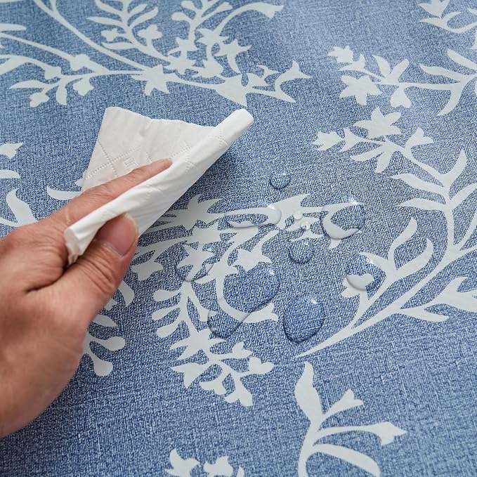 LIBERECOO Vinyl Tablecloth with Flannel Backing –Indigo Botanical Charm, Waterproof, Wipeable, Durable Table Cover – 4 Colors