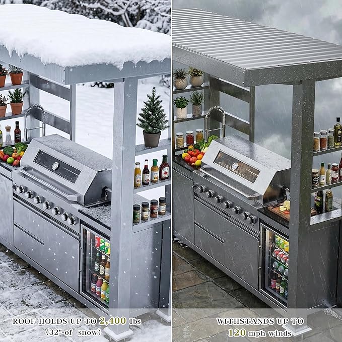 94 Inch Outdoor Kitchen Island, 85000 BTU 6 Burner Propane Gas Grill Combination With Rain Shelter Refrigerator and Sink, Outdoor Stainless Steel Barbecue Bar Grill for Patios, Gardens, Parties