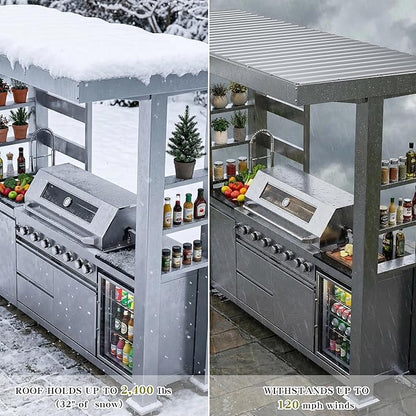 94 Inch Outdoor Kitchen Island, 85000 BTU 6 Burner Propane Gas Grill Combination With Rain Shelter Refrigerator and Sink, Outdoor Stainless Steel Barbecue Bar Grill for Patios, Gardens, Parties