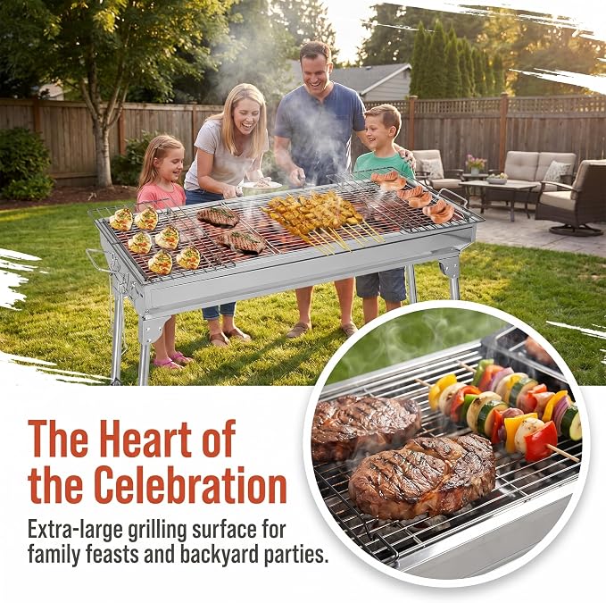 Portable Stainless Steel Charcoal Grill, Small BBQ Grill for Outdoor Cooking, Camping, Backyard and Picnic, Durable and Easy to Clean, Silver