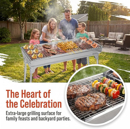 Portable Stainless Steel Charcoal Grill, Small BBQ Grill for Outdoor Cooking, Camping, Backyard and Picnic, Durable and Easy to Clean, Silver