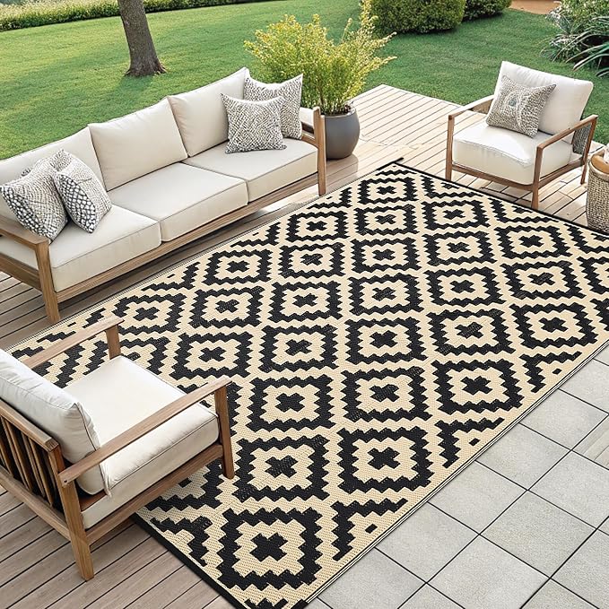 Smiry Outdoor Rug 9x12 ft Waterproof Reversible Boho Mat, Black & Beige | Polypropylene Plastic Straw, Quick Drying, Lightweight Foldable, for Patio, Deck, RV Camping, Backyard and Indoor Outdoor Use