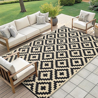 Smiry Outdoor Rug 9x12 ft Waterproof Reversible Boho Mat, Black & Beige | Polypropylene Plastic Straw, Quick Drying, Lightweight Foldable, for Patio, Deck, RV Camping, Backyard and Indoor Outdoor Use