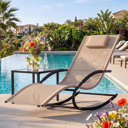 Garvee Outdoor Lounge Chair Rocking Chair Lawn Chair w/Non-Slip Base, Brown | Quick-drying, breathable mesh fabric; water-resistant and easy to clean