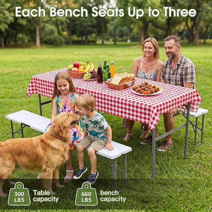Camping table folding table and chairs foldable picnic table Portable White | Folding Table and Bench Set: 6-ft portable picnic table with two attached benches. Ideal for camping,BBQ and outdoor events