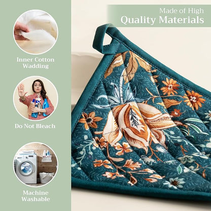 Maison d' Hermine Pot Holders 100% Cotton Potholders (8" x 8", Pack of 1) | Heat Resistant Hot Pads with Loop BBQ Cooking Kitchen Handling Hot Pans Thanksgiving Christmas - Luxury Loft - Dark Teal