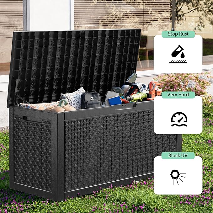 110 Gallon Outdoor Deck Box, Resin Waterproof Storage Box With Lockable Lid, UV-Resistant Multi-Purpose Outdoor Storage Bench for Patio Cushions, Garden Tools, Pool Accessories (110 Gallon, Black)