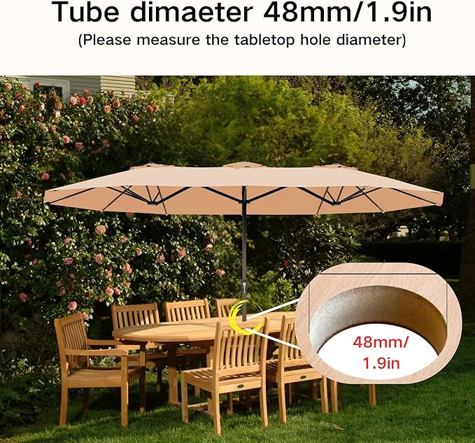 Kingdura 15ft Large Patio Umbrella with Base Included, Double-Sided Rectangle Outdoor Table Umbrella with 12 Reinforced Ribs, Crank Lift for Market Pool Deck Backyard, Beige