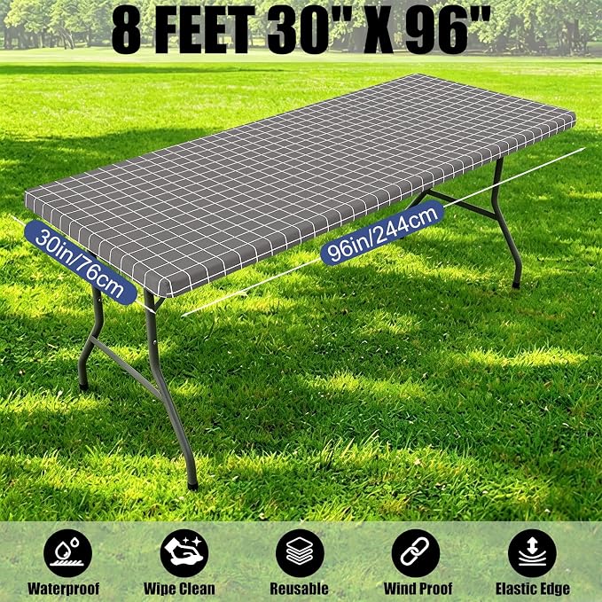 Smiry 2 Pack Rectangle Table Cloth 8 Foot, Waterproof Elastic Fitted Tablecloths, Windproof Washable Polyester Table Cover for Picnic, Camping, Outdoor (Grey & White, 30"x96")