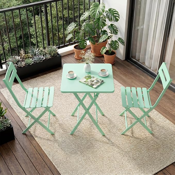 Garvee 3PCS Bistro Set, Folding Patio Furniture Set w/ 2 Chairs,Solid Steel | Foldable space-saving bistro set, fully pre-assembled for instant use. Powder-coated weatherproof steel frame. Easy-clean