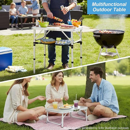 YUFIFAIRY Small Folding Table Portable, 24" L x16 W Foldable Camp Table | Lightweight Aluminum Folding Camping Table for Indoor Outdoor Cooking Picnic, 3 Adjustable Height 10"/19"/24"
