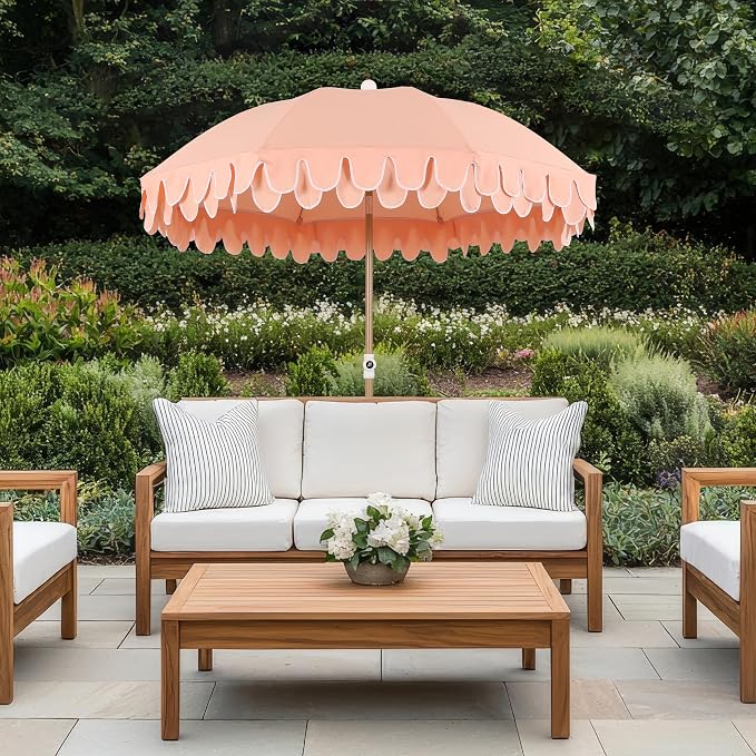 JONATHAN Y Horizon 6.5 ft. Scalloped Fringe Beach Umbrella, Coral Pink | UV 50 Sun Protection, Push Button Tilt, Matching Carry Bag, Wood Finish Iron Pole, Wind Vent, 8 Fiberglass Ribs, Pointed End