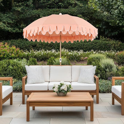 JONATHAN Y Horizon 6.5 ft. Scalloped Fringe Beach Umbrella, Coral Pink | UV 50 Sun Protection, Push Button Tilt, Matching Carry Bag, Wood Finish Iron Pole, Wind Vent, 8 Fiberglass Ribs, Pointed End