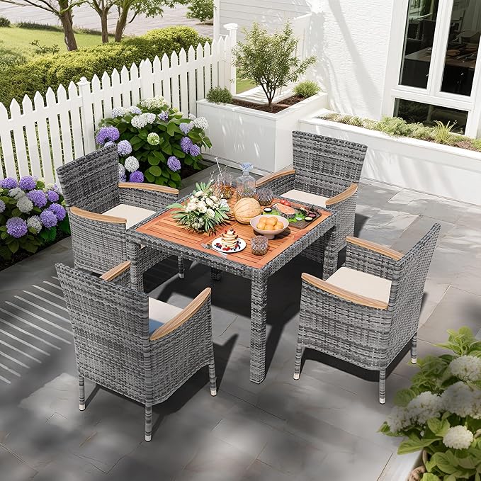 Shintenchi 5 PCS Patio Dining Set, Wicker Patio Conversation Set with Wooden Table Top, Outdoor Table and Chairs with Soft Cushions for Backyard, Deck and Garden, Grey Rattan