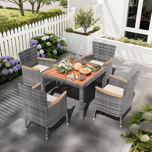 Shintenchi 5 PCS Patio Dining Set, Wicker Patio Conversation Set with Wooden Table Top, Outdoor Table and Chairs with Soft Cushions for Backyard, Deck and Garden, Grey Rattan