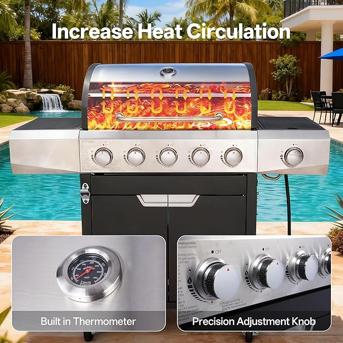 Endark 5-Burner 58,500 BTU Outdoor Propane Gas Grill with Side Burner, Stainless Steel & Porcelain Grates, Wheeled BBQ Grill for Patio, Garden, Backyard
