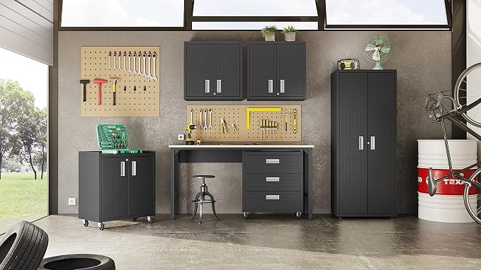 Manhattan Comfort Fortress Rolling Garage Storage Cabinet with Drawer & Adjustable Shelves, Lockable Metal Compartment for Tools, Heavy-Duty Mobile Utility Organizer with Wheels, Charcoal Gray