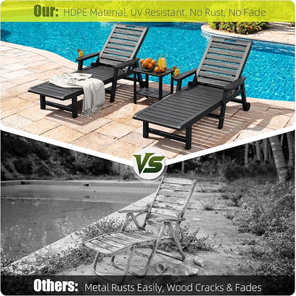 Outdoor Chaise Lounge Chair Set of 4, HDPE All-Weather Pool Lounge Chair with 5 Positions, Wheels & Cup Hoplder for Pool, Beach, Garden (Black)