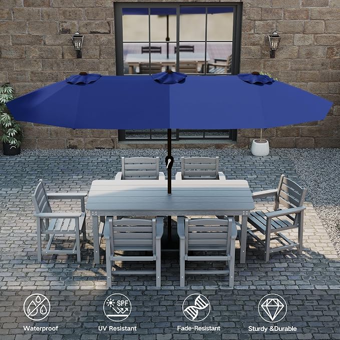 Kingdura 15ft Large Patio Umbrella with Solar Lights, Double-Sided Rectangle Lighted Outdoor Table Umbrella with Base Included, 12 Reinforced Ribs, 48 Led Lights, Crank Lift for Market Pool Deck Backyard, Navy blue