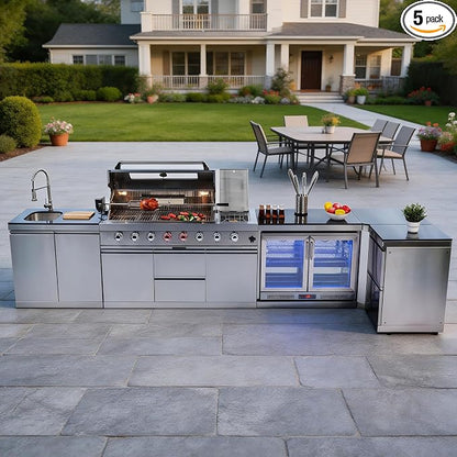 157-Inch 6-Burner Propane Gas Outdoor L-Shaped Island, 96000 BTU Grill 304 SS BBQ with 140L Wine Cooler, Rotisserie, Granite Countertops Storage Cabinets & Drawers, for Patio Backyard BBQ, Silver