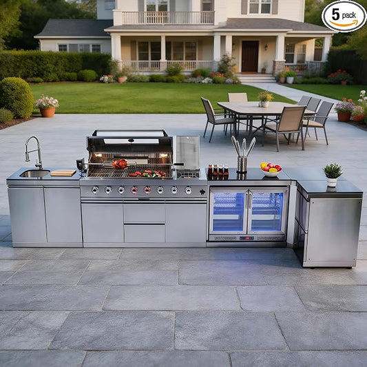 157-Inch 6-Burner Propane Gas Outdoor L-Shaped Island, 96000 BTU Grill 304 SS BBQ with 140L Wine Cooler, Rotisserie, Granite Countertops Storage Cabinets & Drawers, for Patio Backyard BBQ, Silver